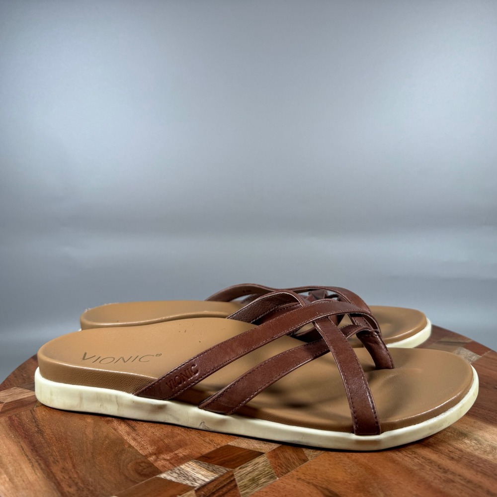 Vionic Womens Brown Leather Strappy Orthotic Flip Flop Sandals Size 8.5M